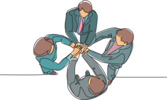 Top view continuous line drawing of young business group holding hand together. Business teamwork at office concept. Single line drawing design, graphic illustration png