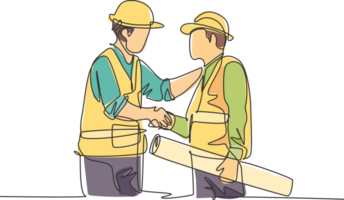 One line drawing of young architect holding on a roll paper and builder foreman wearing construction vest and helmet handshake to deal a project. Great teamwork concept. Continuous line drawing png