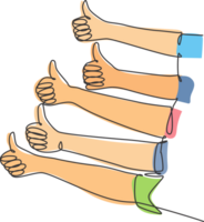 One line drawing of people arm hands with thumbs up gesture. Good service excellence in business sector concept. Continuous line draw design graphic illustration png