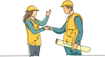 One line drawing of young architect woman and builder foreman wearing construction vest and helmet handshake to deal a project. Great teamwork concept. Continuous line drawing illustration png