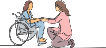 One line drawing of young doctor visiting and handshaking the old patient with wheelchair in hospital. Health care service concept. continuous line drawing illustration png