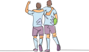 continuo línea dibujo de dos fútbol americano jugador traer un pelota y caminando juntos a espectáculo deportividad. el respeto en fútbol deporte concepto. uno línea dibujo ilustración png