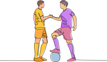 kontinuerlig linje teckning av två fotboll spelare och handskakning till visa idrott innan startande de match. respekt i fotboll sport begrepp. ett linje teckning illustration png
