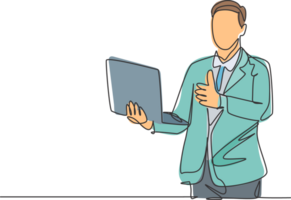 One line drawing of young happy businessman stand up and carrying laptop while giving thumbs up gesture. Business service excellence concept. Continuous line draw design graphic illustration png