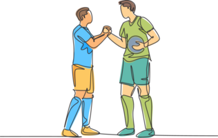 Continuous line drawing of two football player bring a ball and handshaking to show sportsmanship before starting the match. Respect in soccer sport concept. One line drawing illustration png