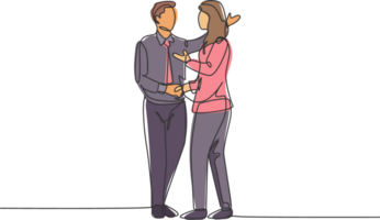 Single line drawing of businessmen handshaking his business woman partner. Great teamwork. Business deal concept with continuous line draw style illustration png