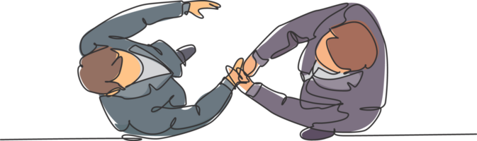 Top view single line drawing of businessmen handshaking his business partner. Great teamwork. Business deal concept with continuous line draw style graphic illustration png