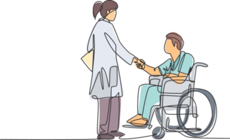 One line drawing of young female doctor visiting and handshaking the patient with wheelchair in hospital. Continuous line drawing design, illustration png