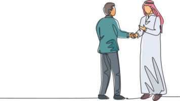 Single line drawing of businessmen handshaking his Arabian business partner. Great teamwork. Business project deal concept with dynamic continuous line draw style graphic illustration png