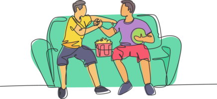 Continuous line drawing of two young men soccer fans club handshaking and sitting on a couch to watch football match. Dynamic single line drawing graphic illustration png