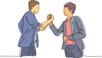 Continuous line drawing of young business man handshake his colleague to deal a project. Business meeting concept. Single line drawing design, graphic illustration png