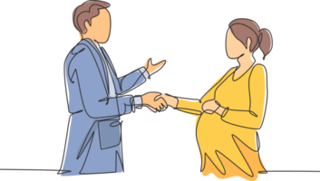 Continuous line drawing of obstetrician and gynecologist doctor handshake and congratulate a young happy pregnant mom about her pregnancy. One line drawing illustration png