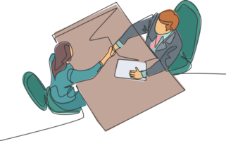 Continuous line drawing of young manager handshake his female worker to congratulate her dealing a project. Business agreement concept. Single line drawing graphic illustration png