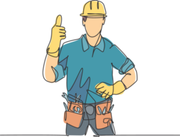 One line drawing of happy handyman wearing helmet and carrying tools gives thumbs up. Home maintenance service excellent concept. Continuous line draw graphic design illustration png