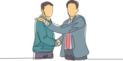 Single line drawing of businessmen handshaking his business partner after getting big project. Great teamwork. Business deal concept with continuous line draw style graphic illustration png