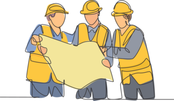 One line drawing of young builder and architect wearing construction vest and helmet looking for building design on blue print together. Great teamwork concept. Continuous line graphic drawing png