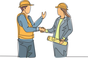 One line drawing of young architect woman and builder foreman wearing construction vest and helmet shaking their hands together. Great teamwork concept. Continuous line drawing, illustration png