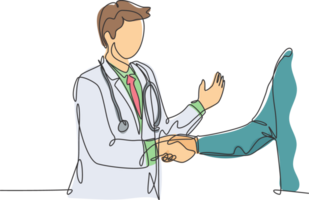 Continuous line drawing of young doctor shaking hand the patient in hospital. Healthcare medical checkup concept. One line drawing illustration png