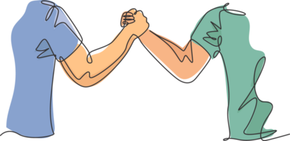 Continuous line drawing of two men wearing shirt handshaking to show sportsmanship at match field. Teamwork together in sport concept. One line drawing graphic design, illustration png