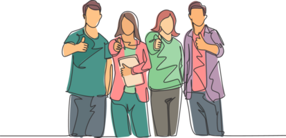 One line drawing of groups of happy college students giving thumbs up gesture after studying together at university library. Learn and study in campus life concept. Continuous line draw design vector png