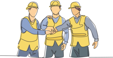 un ligne dessin de Jeune constructeur et architecte portant construction gilet et casque poignée de main joindre leur mains ensemble. génial travail en équipe concept. continu ligne dessin graphique illustration png