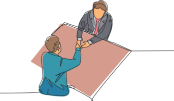 Single line drawing of businessmen handshaking his business partner after getting big project. Great teamwork. Business deal concept with trendy continuous line draw style graphic illustration png