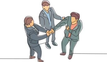 Continuous line drawing of business man handshake his colleague to deal a project. Business teamwork meeting at office concept. Single line drawing design, graphic illustration png