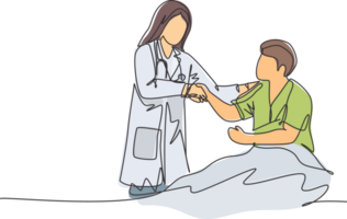 Continuous line drawing of young happy female doctor visit a patient who laying on bed in hospital and handshaking him to ask the condition. Healthcare concept. One line drawing illustration png