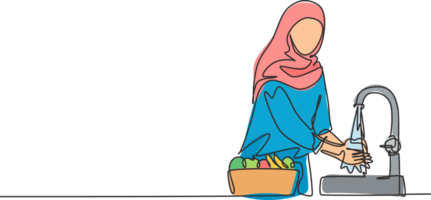 enda ett linje teckning av en kvinna i en hijab var tvättning de frukt i de handfat från de bakterier den där pinne till den rena. frukt sätta i en Söt korg. ett linje dra design grafisk illustration. png