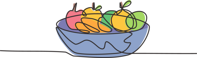 Single one line drawing of a basket full of fruit such as oranges, apples, pears. Healthy food contains vitamins that the body needs. Modern continuous line draw design graphic illustration. png