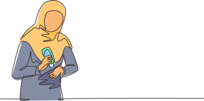 kontinuierlich einer Linie Zeichnung ein Frau tragen ein Hijab gießt Hand Desinfektionsmittel in ihr Palmen zu vermeiden Bakterien und Sein Mehr hygienisch. Schutz gegen COVID-19. Single Linie zeichnen Design Illustration png