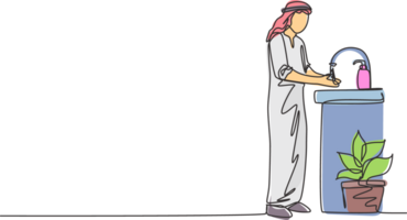 enda kontinuerlig linje teckning ett arab manlig tvättar hans händer i de handfat, där är en tvål dispenser förbi de kran och pott av växter under de handfat. ett linje dra grafisk design illustration. png