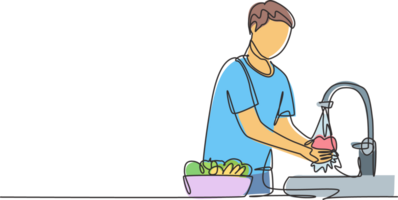 Single continuous line drawing a man washes fruits in the sink from the germs that stick to clean. Cleaned with water to make it hygienic. Dynamic one line draw graphic design illustration. png