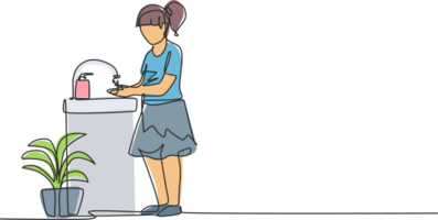 Single continuous line drawing a girl washes her hands in the sink, there is a soap dish by the tap and there is a pot of plants under the sink. One line draw graphic design illustration. png