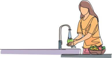 Continuous one line drawing a woman was washing the fruit in the sink from the bacteria that stick to it thoroughly. Using splash and water flow. Single line draw design graphic illustration. png