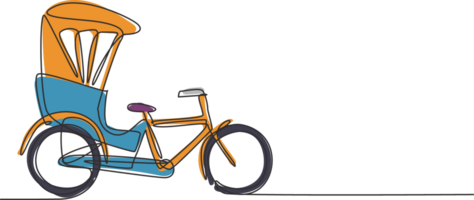 Single continuous line drawing the cycle rickshaw seen from the side pulls the passenger sitting behind it with a bicycle pedal. Tourist vehicle. One line draw graphic design illustration. png