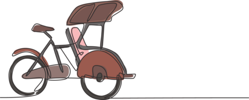 Continuous one line drawing pedicab is viewed from the side with three wheels and the front passenger seat and the driver's controls at the rear. Single line draw design graphic illustration. png