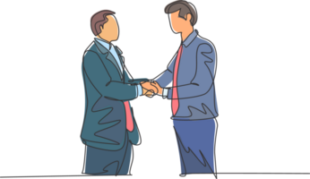 Single line drawing of businessmen handshaking his business partner. Great teamwork. Business deal concept with continuous line draw style graphic illustration png