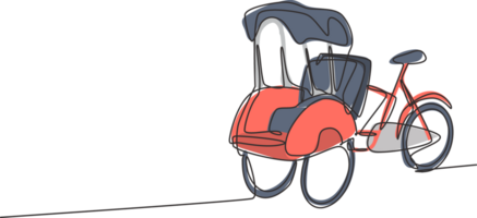 Single one line drawing pedicab with three wheels and passenger seat at the front and driver control at the rear are often found in Indonesia. Continuous line draw design graphic illustration. png