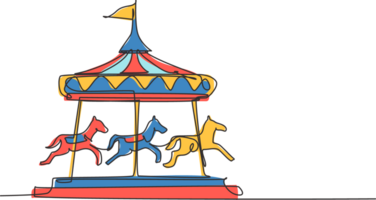 Single continuous line drawing of a horse carousel in an amusement park with horses spinning under the tent with a flag. Happy childhood. Dynamic one line draw graphic design illustration. png