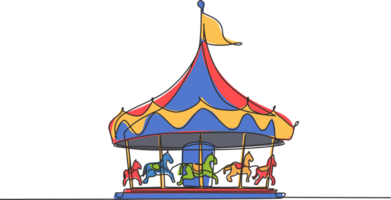 kontinuerlig ett linje teckning häst karusell i ett nöje parkera spinning under en stor tält med en flagga på Det. rekreation den där barn kärlek. enda linje teckning design grafisk illustration png
