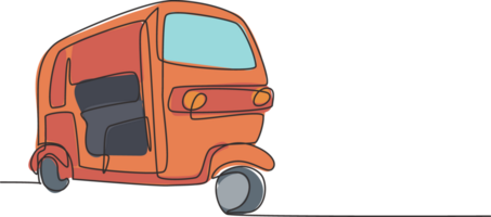 enda kontinuerlig linje teckning riksha traditionell transport i Indien som serverar lokal- passagerare och utländsk turister vem är på semester. ett linje dra grafisk design illustration. png