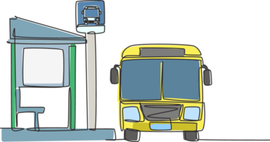 Single one line drawing of bus stop with shelter, simple bus sign and a bus waiting for passengers to get on and off, then continue the journey. Continuous line draw design graphic illustration png