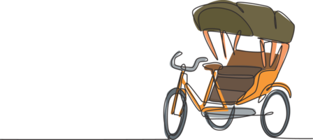 Single one line drawing of cycle rickshaw with three wheels and a rear passenger seat is an ancient vehicle in several Asian countries. Modern continuous line draw design graphic illustration. png