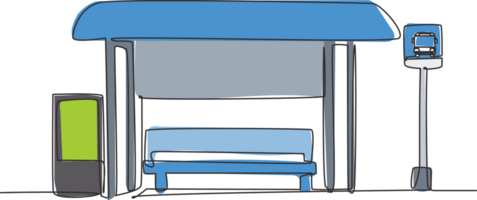 Single one line drawing of bus stops with shelter, simple bus signs and trash cans located on the side of urban roads where passengers get on and off. One line draw design graphic illustration. png