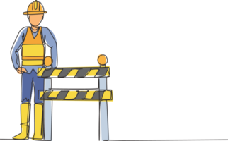 Continuous one line drawing a construction worker is standing next to the under construction board which is located on the side of the road. Single line draw design graphic illustration. png