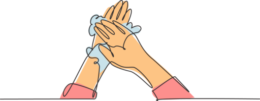 Single one line drawing of twelve steps hand washing by rubbing the back of the hands with soap and water flow. Hand hygiene is part of health. One line draw design graphic illustration. png