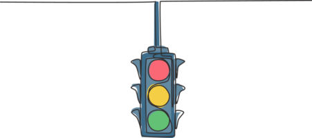 Single continuous line drawing of traffic lights that are placed hanging above the highway crossing. There are four direction traffic lights. Dynamic one line draw graphic design illustration. png