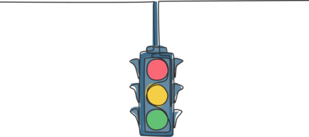 enda kontinuerlig linje teckning av trafik lampor den där är placerad hängande ovan de motorväg korsning. där är fyra riktning trafik lampor. dynamisk ett linje dra grafisk design illustration. png