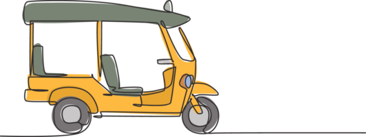 Single one line drawing of Thai tuk tuk seen from the side serving foreign passengers who are traveling in Thailand. Become a tourism icon. Continuous line draw design graphic illustration. png